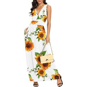 Women Flower White Deep V Neck Sleeveless Loose Plain Long Maxi Stretchy Dress